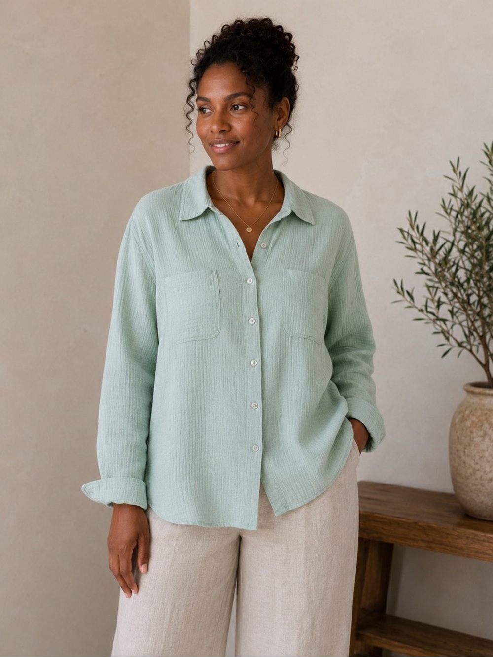 Sejour Mint Green Button-Down Shirt with Patch Pockets
